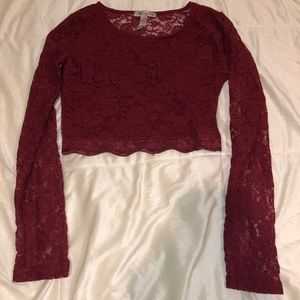 Red Long Sleeve Lace Crop Top